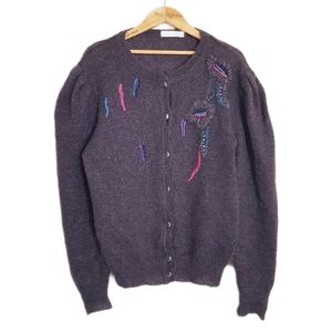 Vtg Purple Flower Wool Blend Cardigan